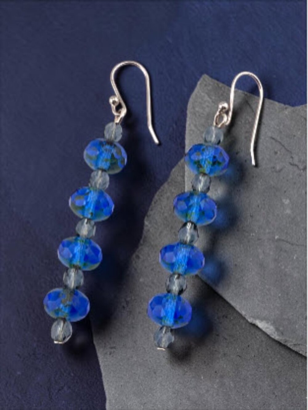 Cobalt Blue Czech Glass Linear Earrings Platinum Plated Boho Dangle 2.25”